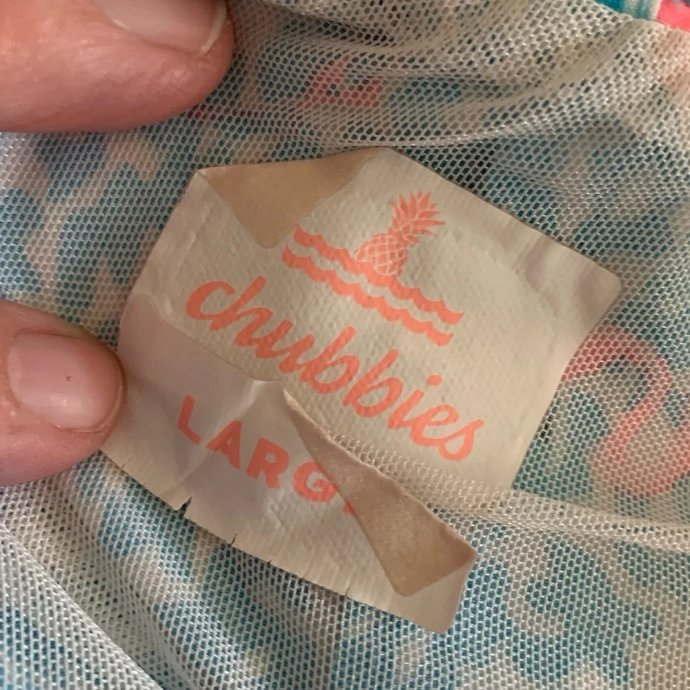 Chubbies Men’s Large Blue/Pink Flamingo Print Lined Drawstring Shorts